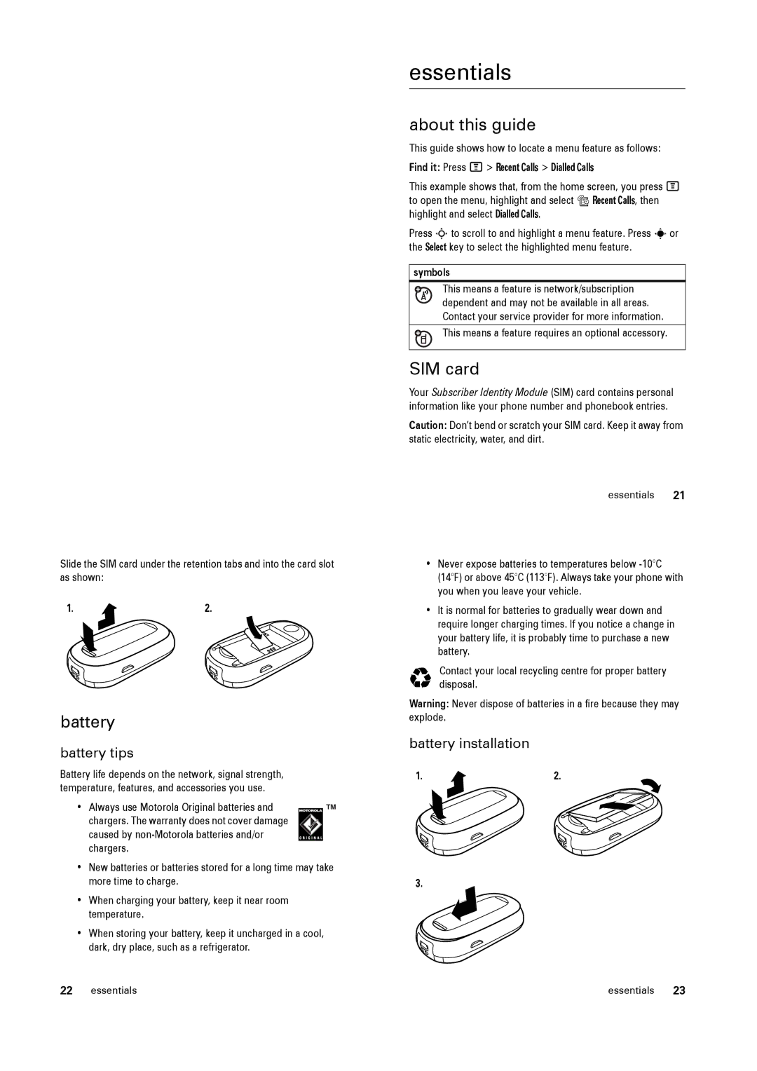 Motorola PEBL manual Essentials, Battery, About this guide, SIM card 