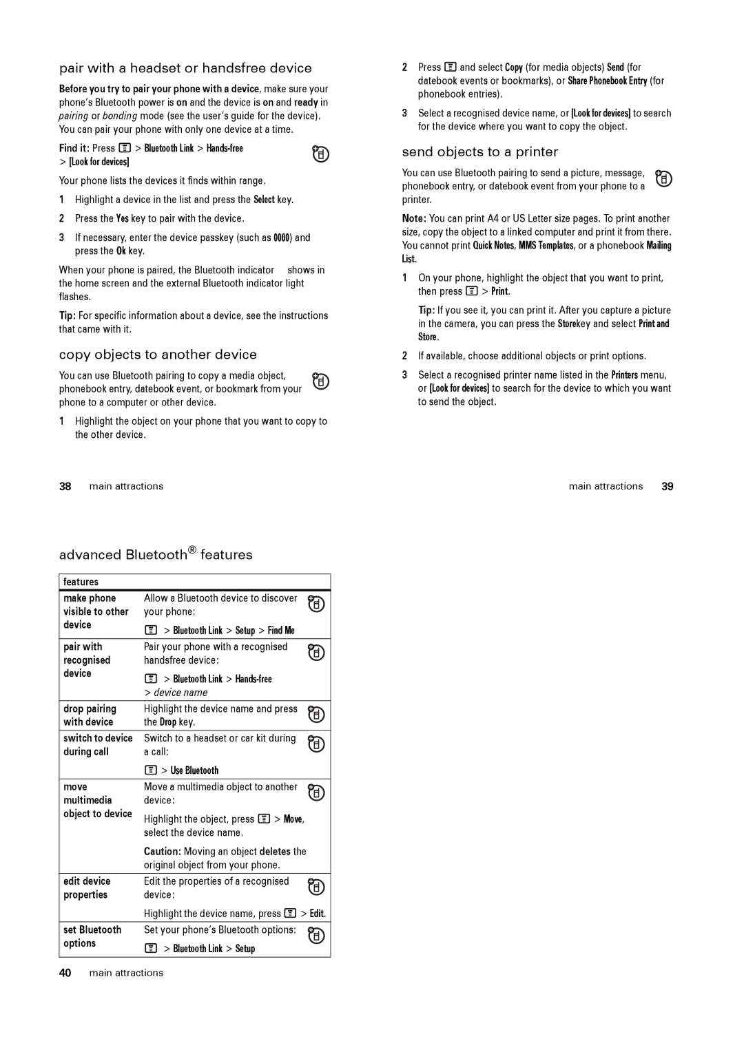 Motorola PEBL manual Pair with a headset or handsfree device, Copy objects to another device, Advanced Bluetooth features 