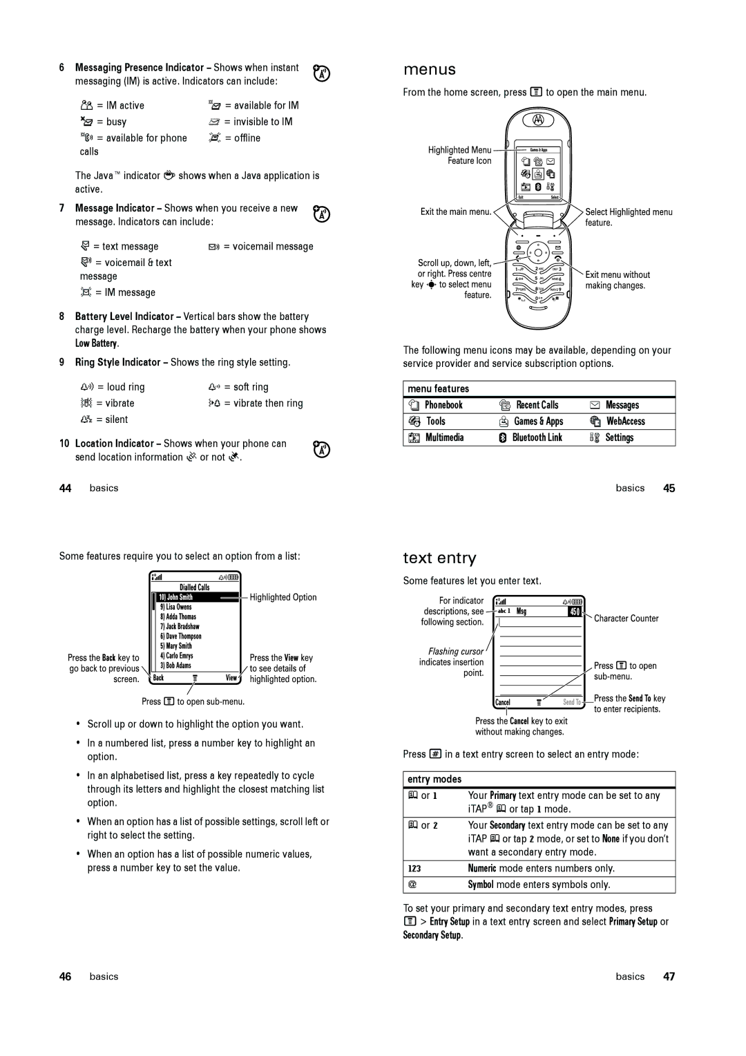 Motorola PEBL manual Menus, Text entry, Menu features, Entry modes 