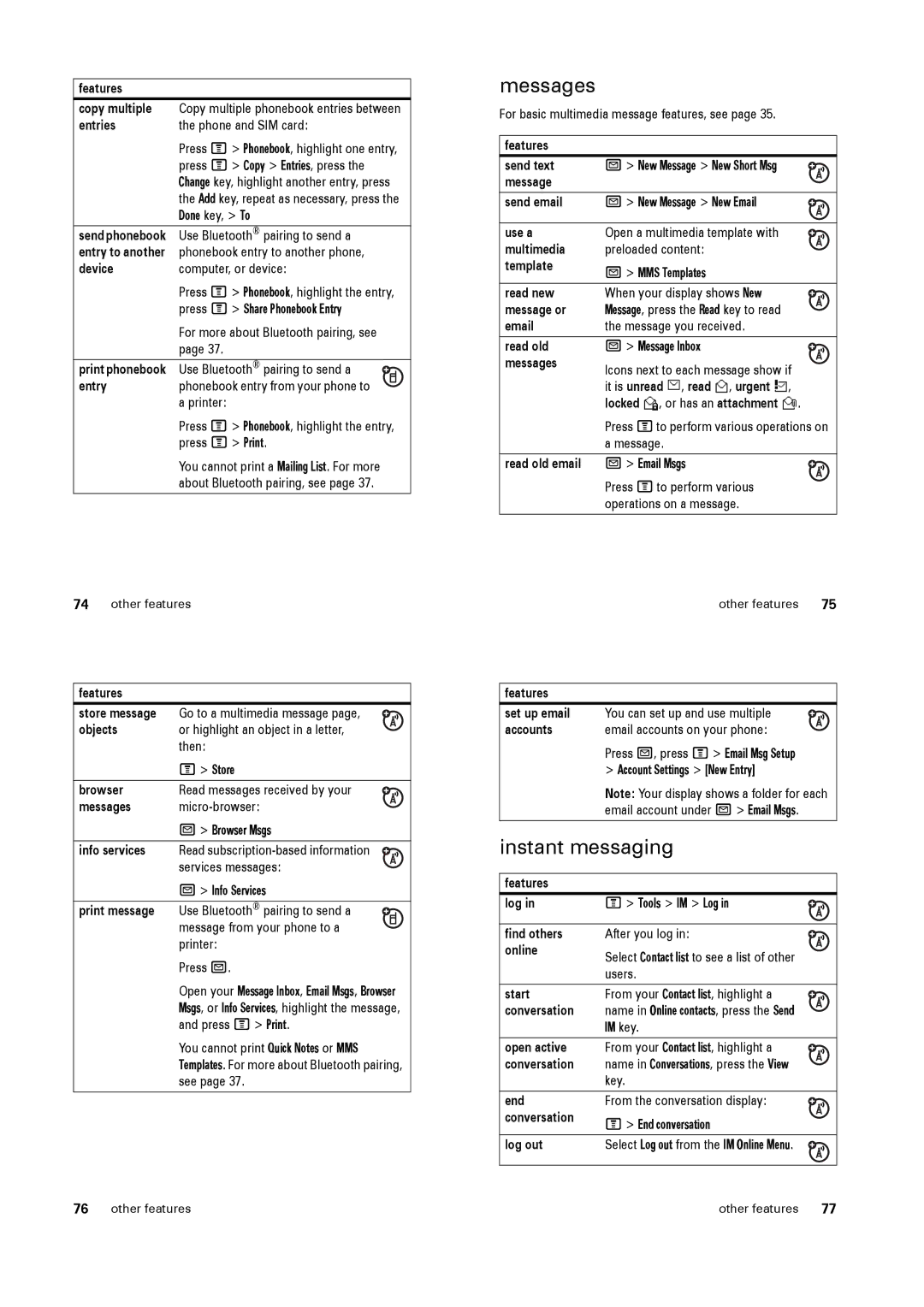 Motorola PEBL manual Messages, Instant messaging 