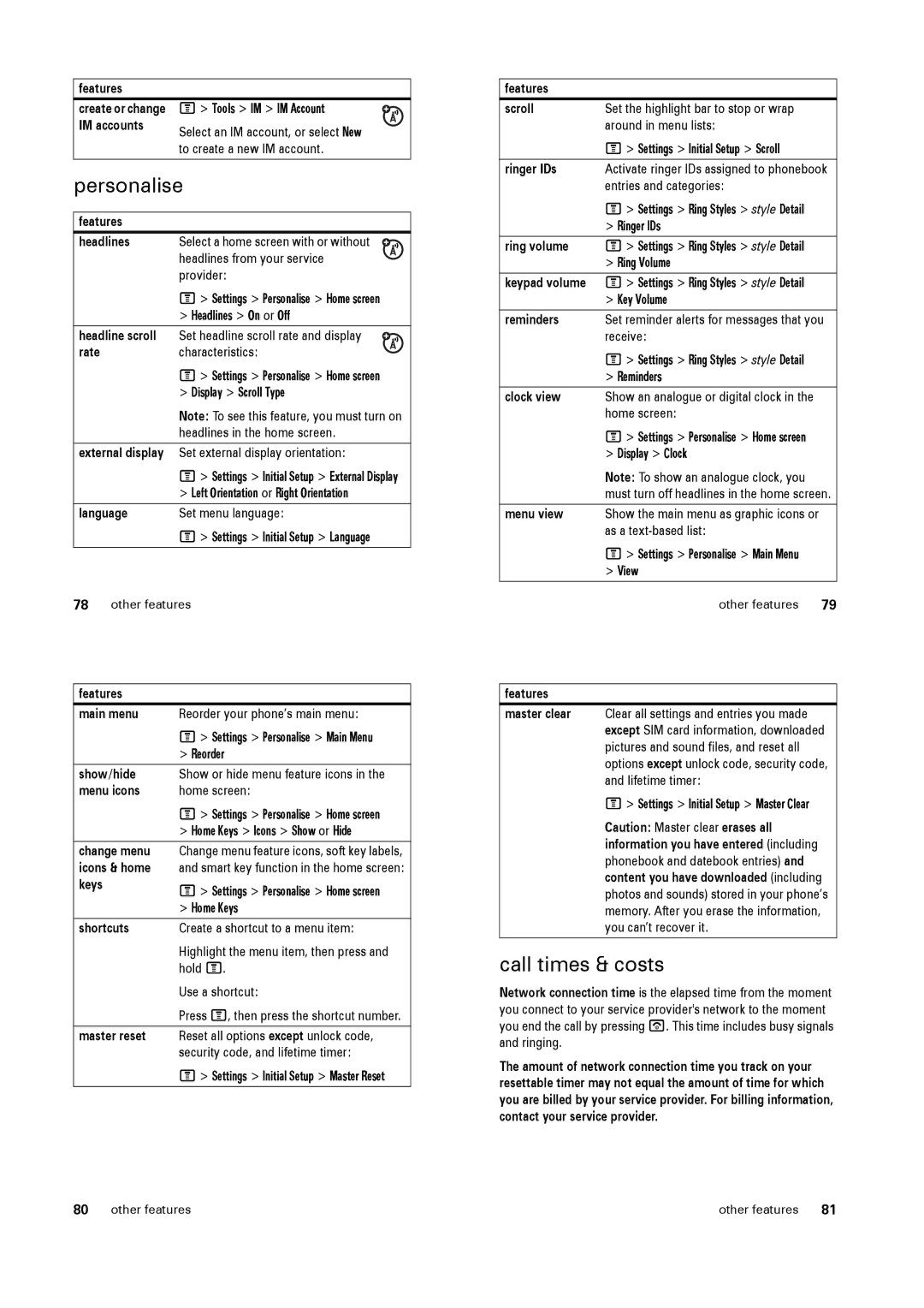 Motorola PEBL manual Personalise, Call times & costs 