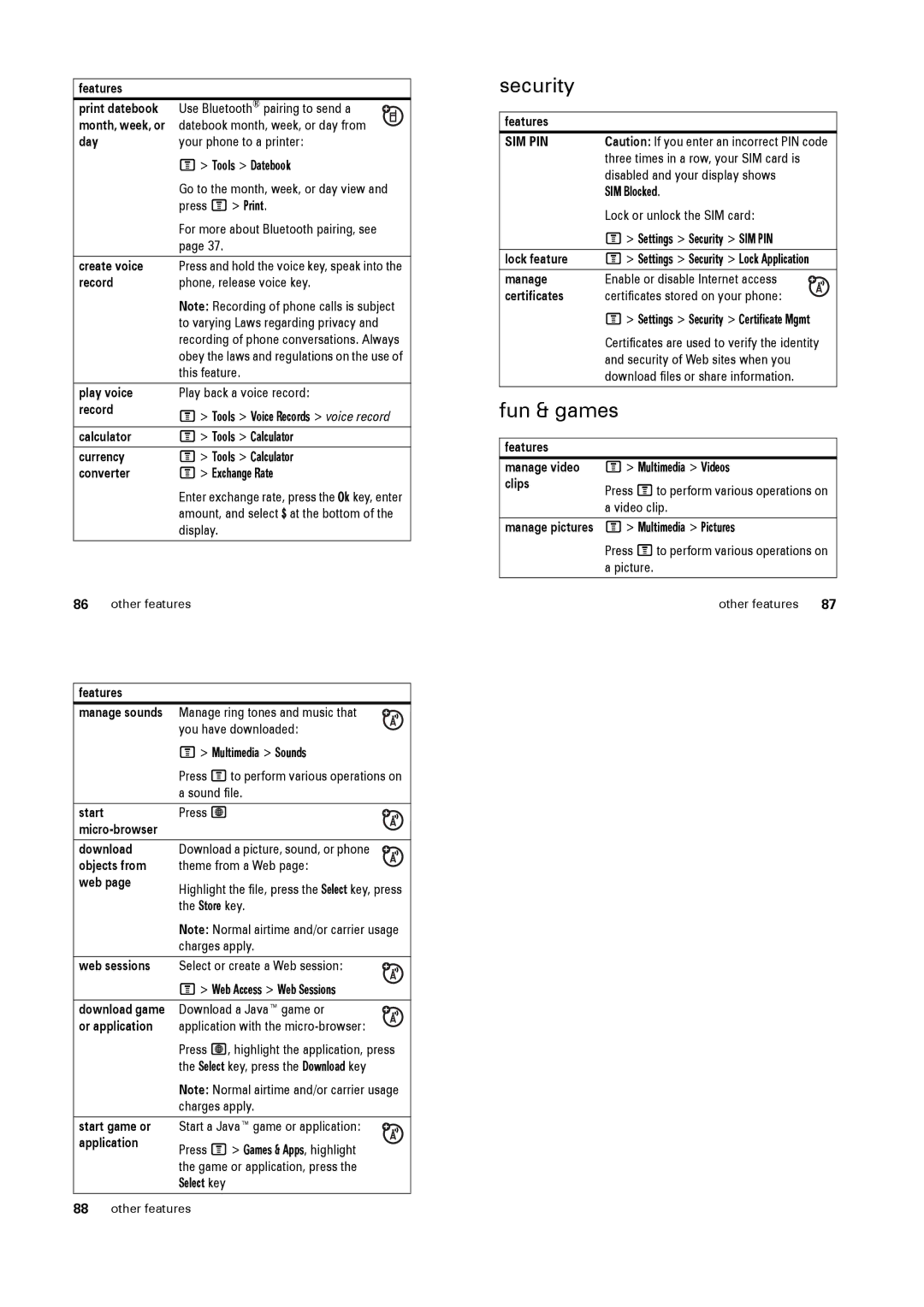 Motorola PEBL manual Security, Fun & games 