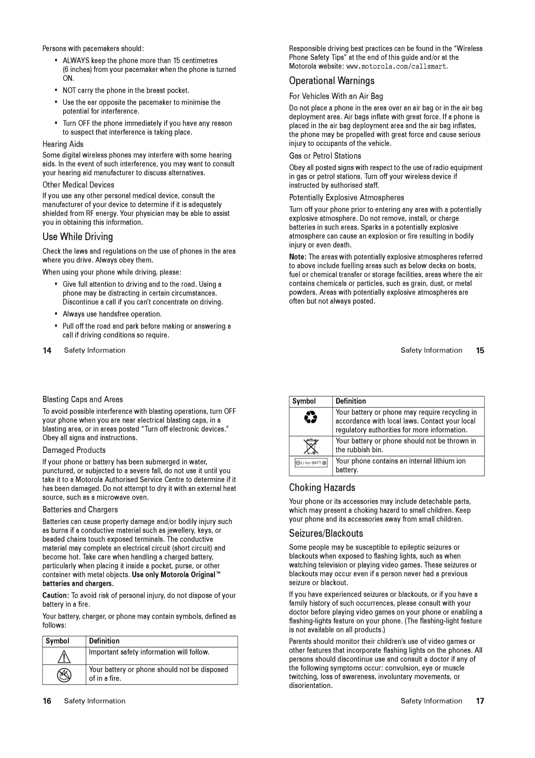 Motorola PEBL manual Use While Driving, Operational Warnings, Choking Hazards, Seizures/Blackouts, Symbol Definition 