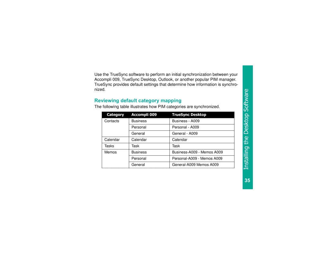 Motorola Personal Communicator quick start Reviewing default category mapping, Category Accompli TrueSync Desktop 