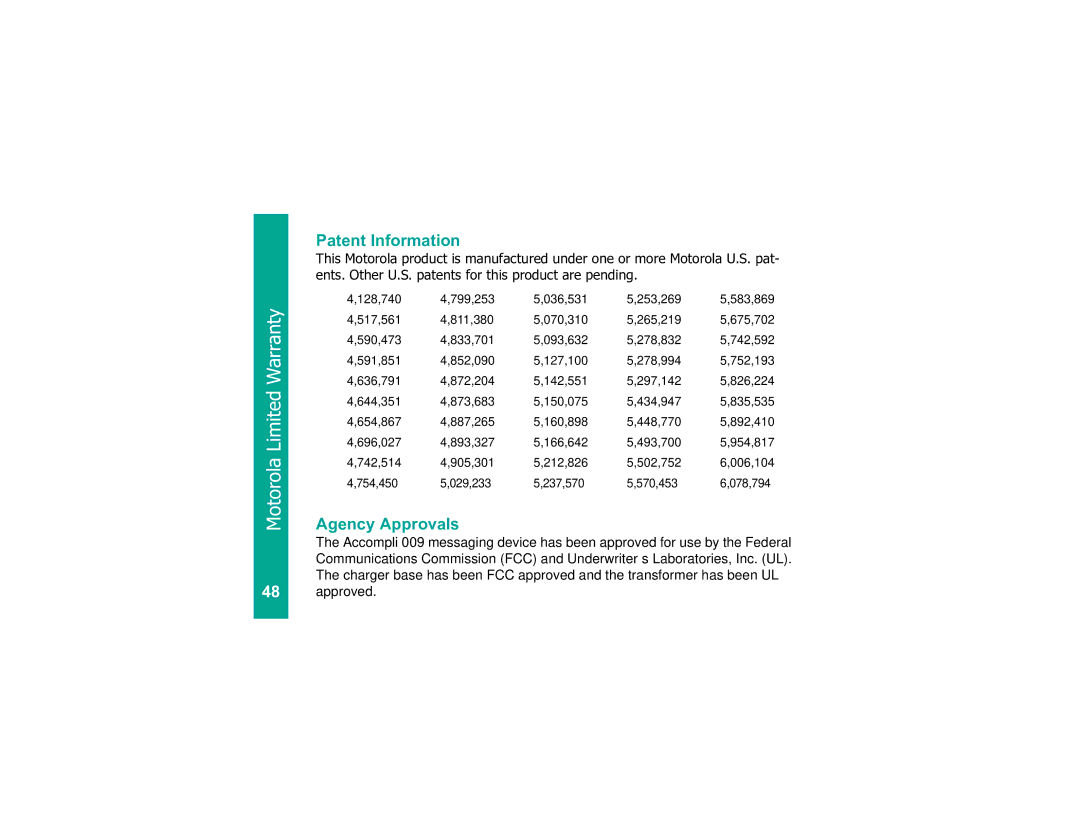 Motorola Personal Communicator quick start Patent Information, Agency Approvals 