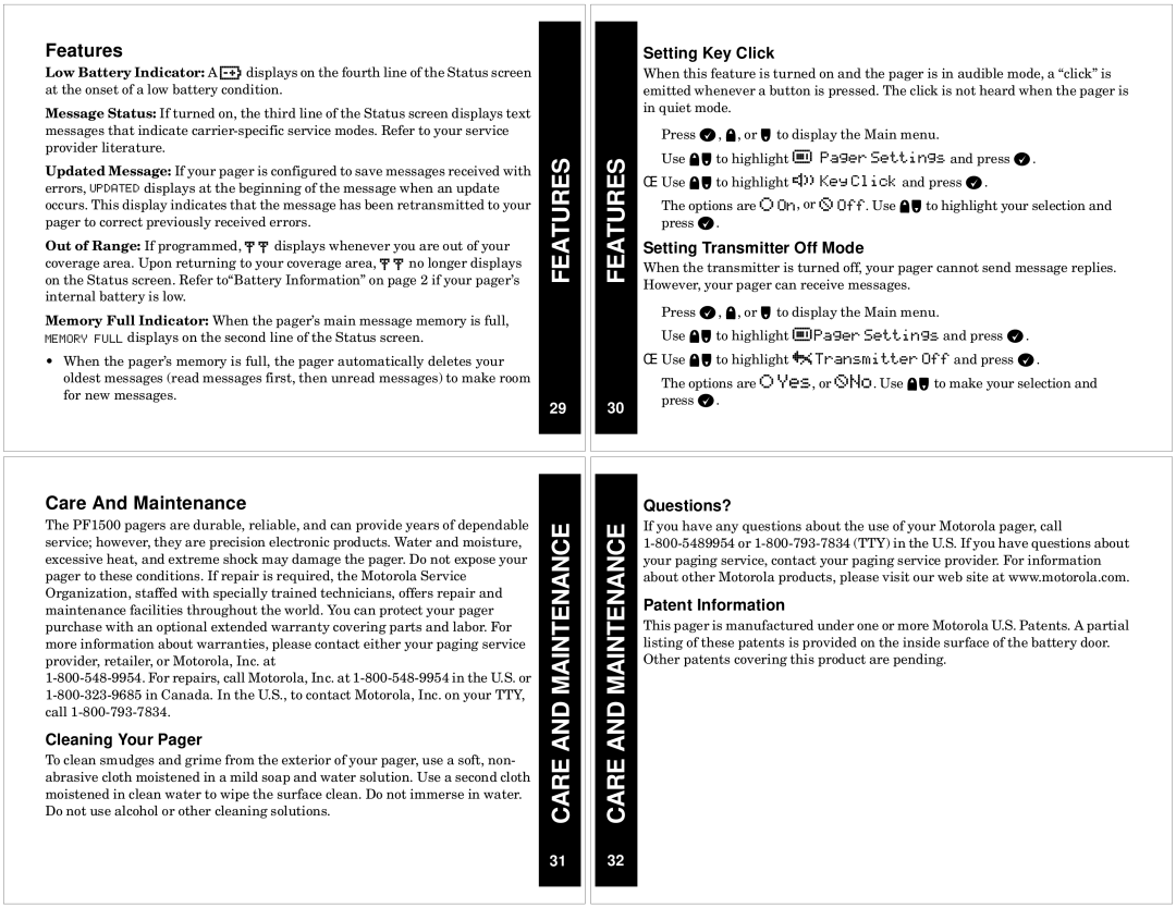 Motorola PF1500 warranty Features, Care and Maintenance, Care And Maintenance 