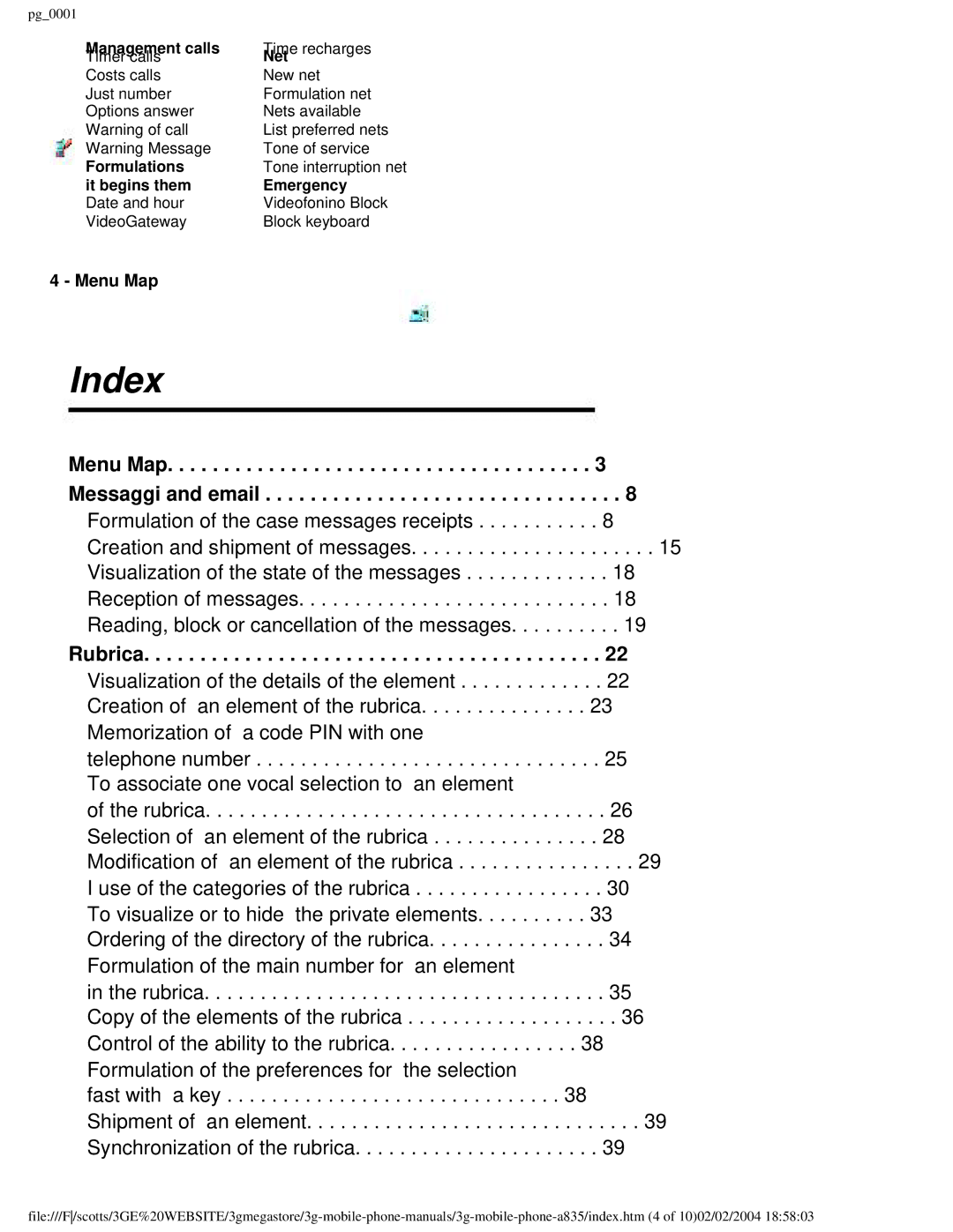 Motorola PG_0001 manual Index, Menu Map Messaggi and email, Rubrica 