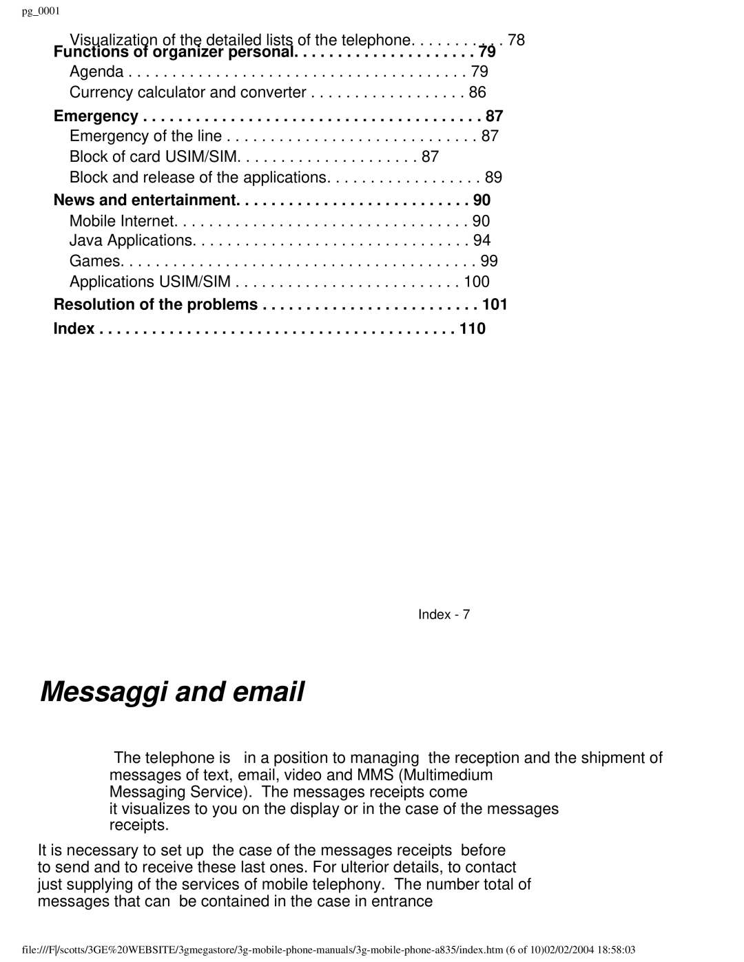 Motorola PG_0001 manual Messaggi and email, Functions of organizer personal, Emergency, News and entertainment 
