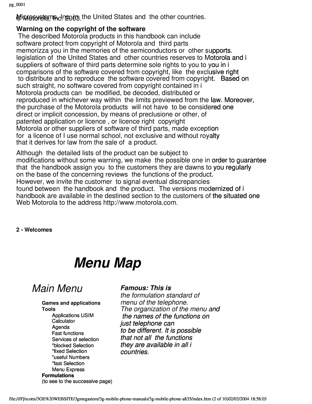 Motorola PG_0001 Main Menu, Warning on the copyright of the software, Famous This is, Menu Map, menu of the telephone 