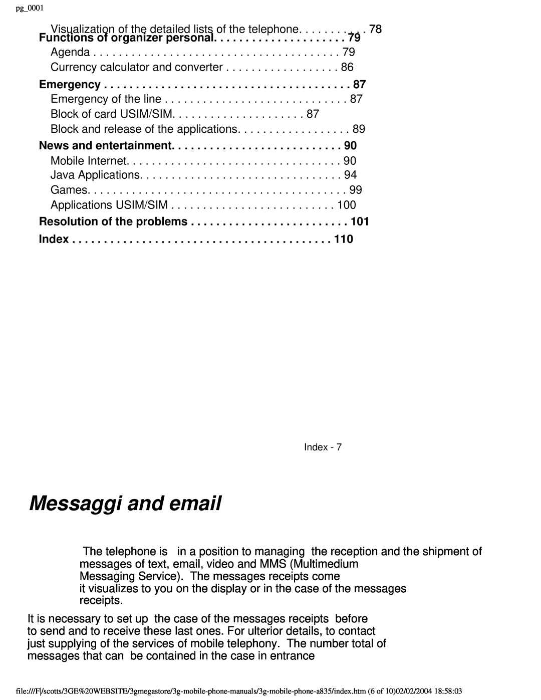 Motorola PG_0001 manual Messaggi and email, Functions of organizer personal, Emergency, News and entertainment 
