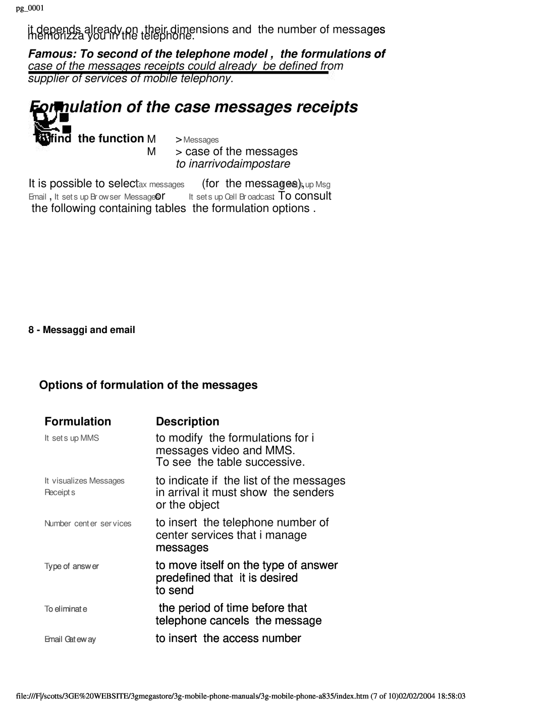 Motorola PG_0001 manual To find the function M Messages, Options of formulation of the messages, Formulation, Description 