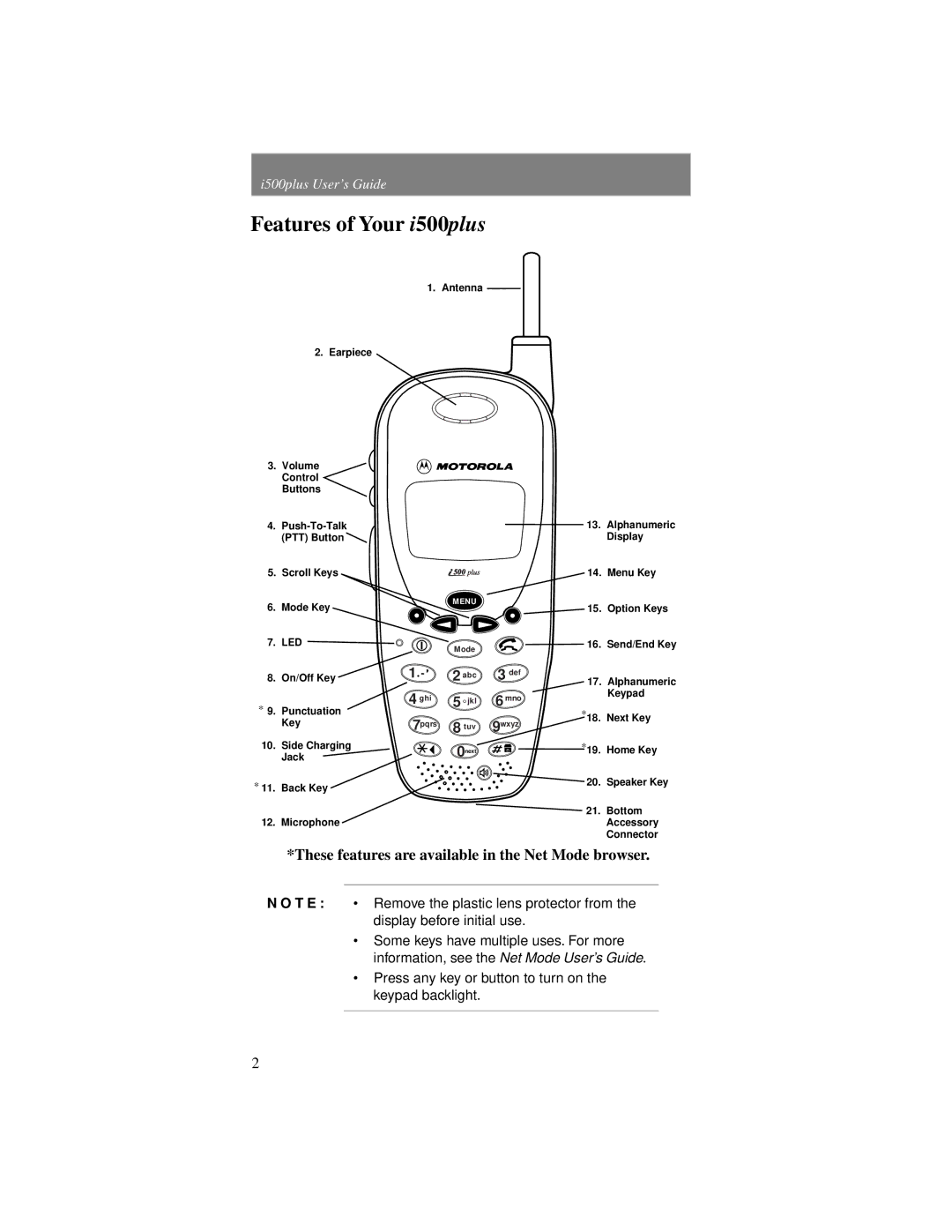 Motorola Phone i500plus manual Features of Your i500plus, These features are available in the Net Mode browser 