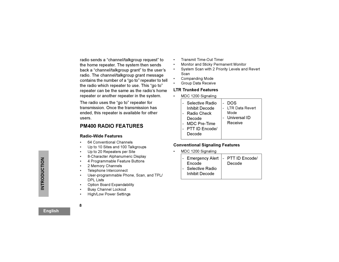 Motorola manual PM400 Radio Features, Radio-Wide Features, LTR Trunked Features, Conventional Signaling Features 