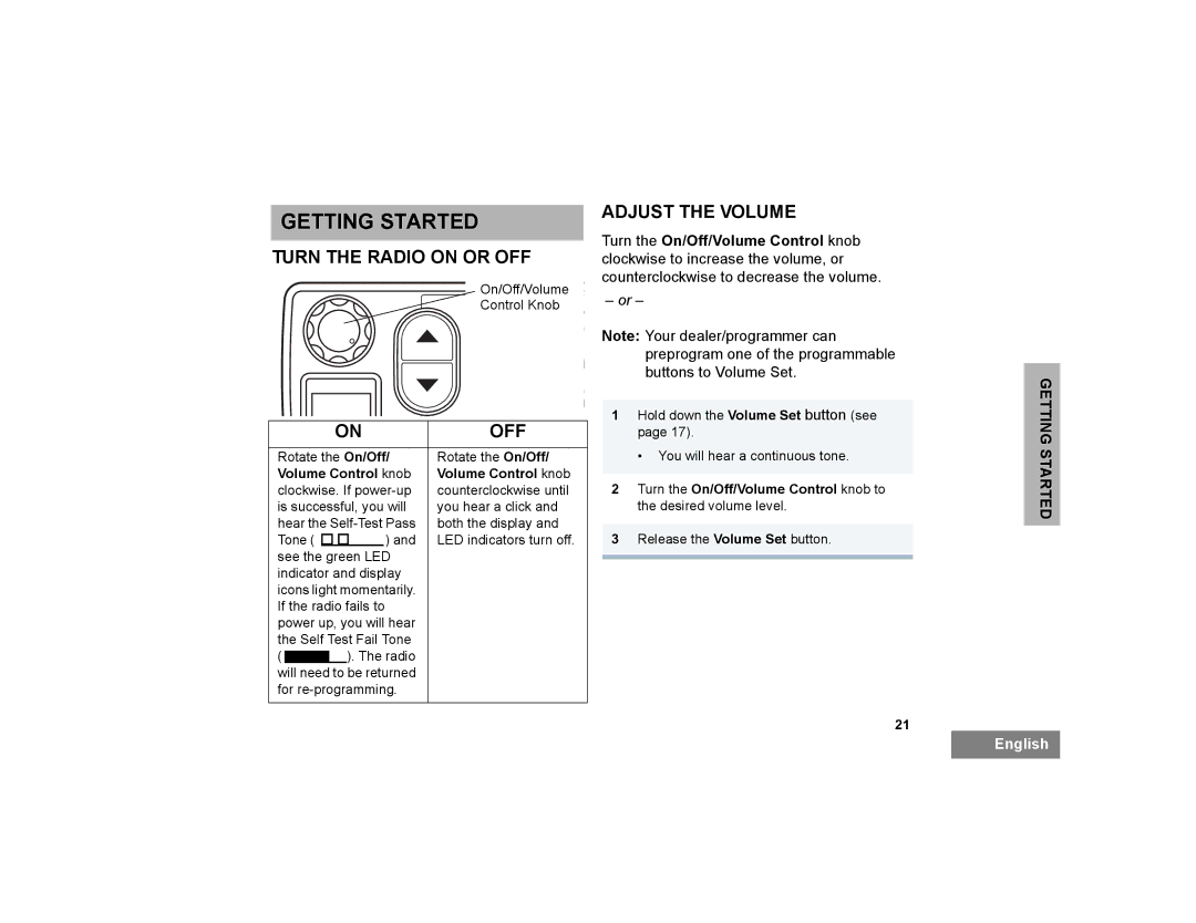 Motorola PM400 manual Getting Started, Turn the Radio on or OFF, Off, Adjust the Volume 