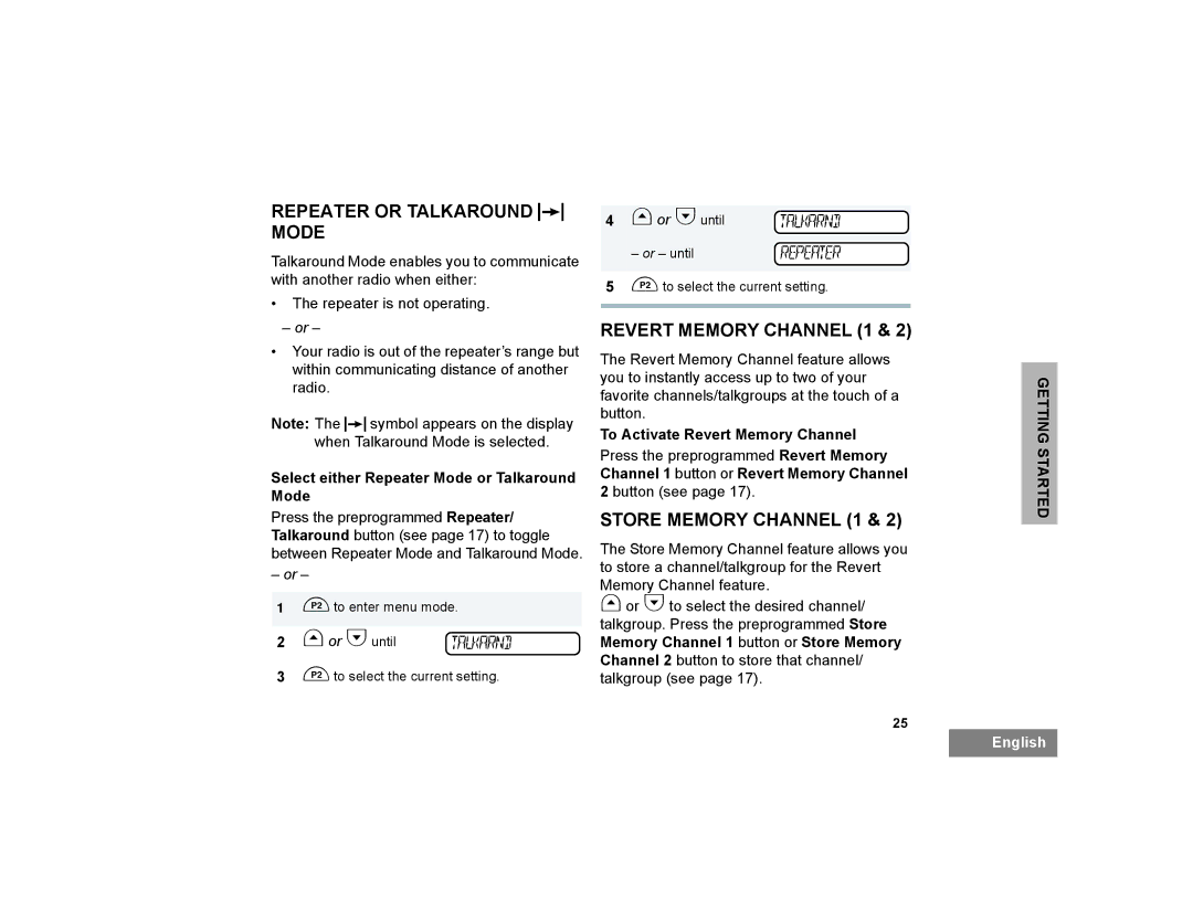 Motorola PM400 manual Repeater or Talkaround J Mode, Revert Memory Channel 1, Store Memory Channel 1 