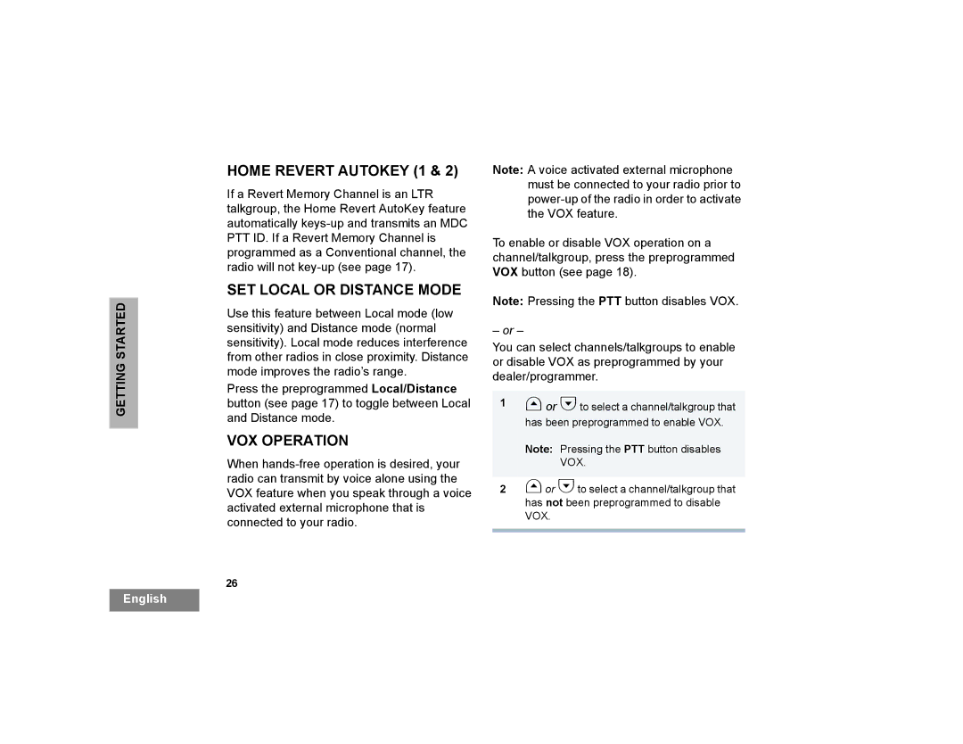 Motorola PM400 manual Home Revert Autokey 1, SET Local or Distance Mode, VOX Operation 