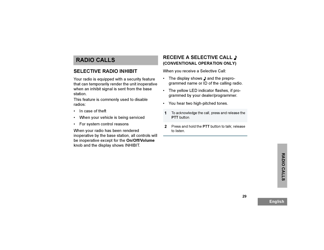 Motorola PM400 manual Radio Calls, Selective Radio Inhibit, Receive a Selective Call F 