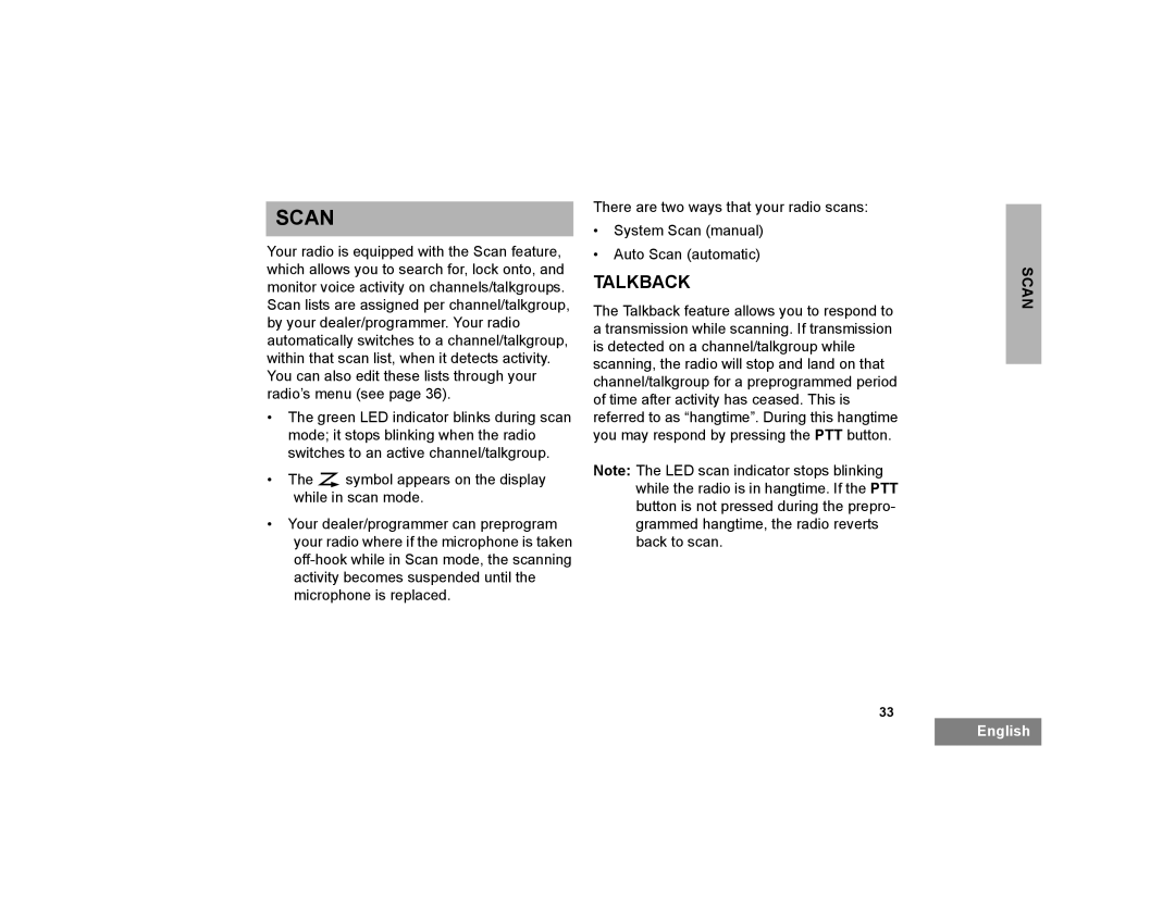 Motorola PM400 manual Scan, Talkback 