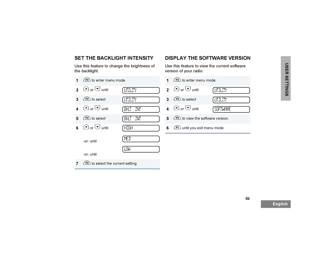 Motorola PM400 manual SET the Backlight Intensity, Display the Software Version 