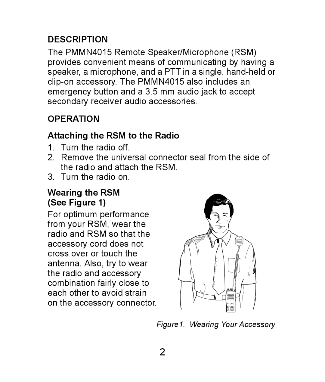 Motorola PMMN4015 manual Description, Operation, Attaching the RSM to the Radio, Wearing the RSM See Figure 