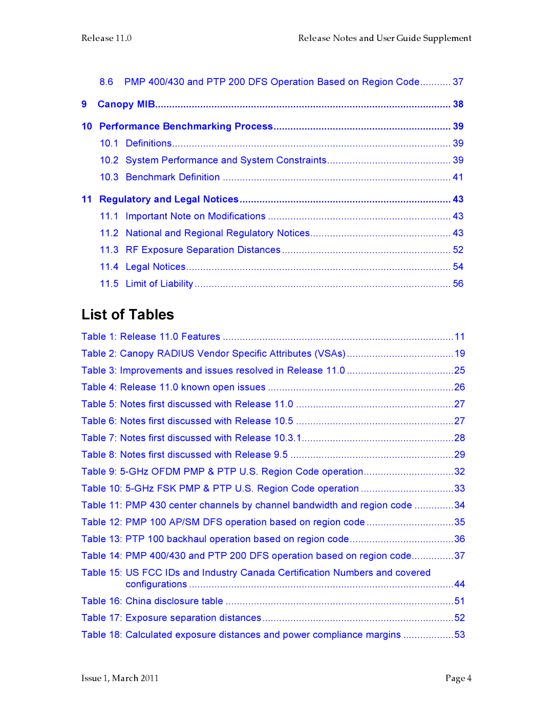 Motorola PMP 100, PMP 400, PTP 200 (OFDM, PTP 100 (FSK) manual List of Tables, Regulatory and Legal Notices 