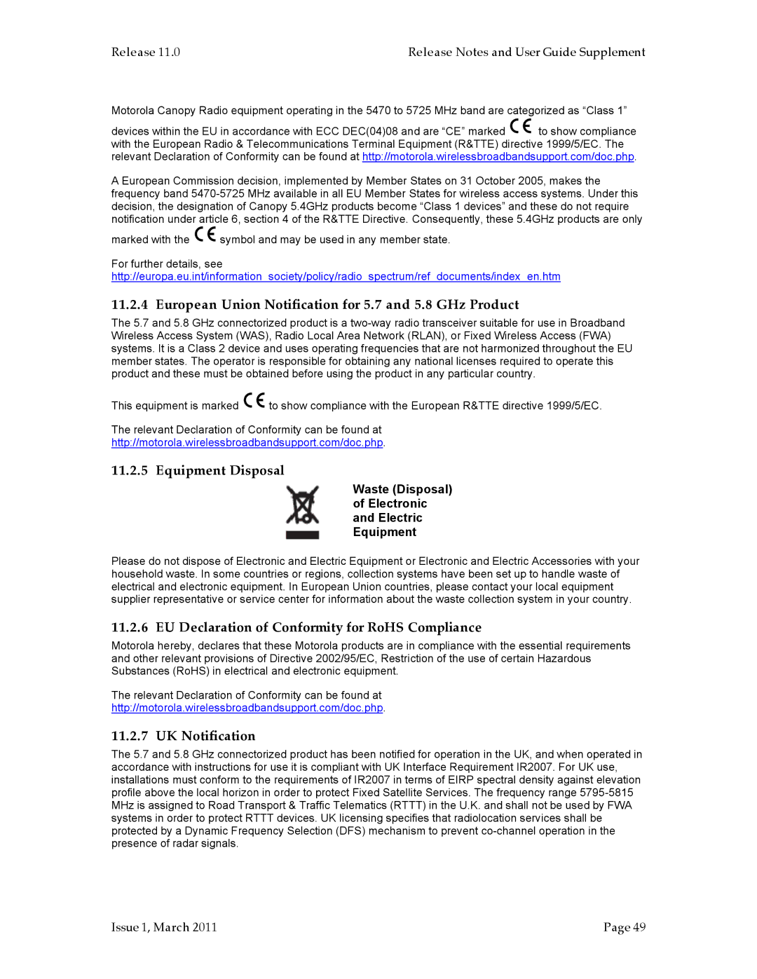 Motorola PMP 400, PMP 100 European Union Notification for 5.7 and 5.8 GHz Product, Equipment Disposal, UK Notification 