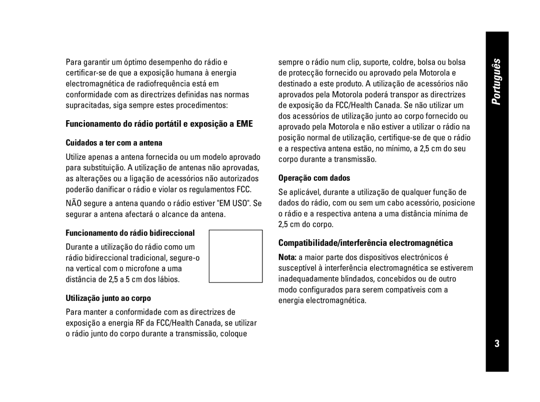 Motorola CLS446, PMR446 Cuidados a ter com a antena, Funcionamento do rádio bidireccional, Utilização junto ao corpo 