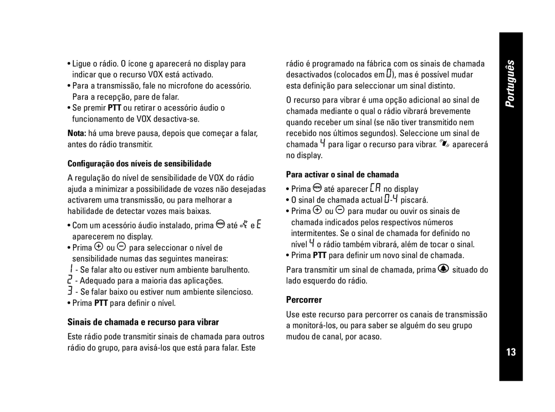 Motorola CLS446, PMR446 Sinais de chamada e recurso para vibrar, Percorrer, Configuração dos níveis de sensibilidade 