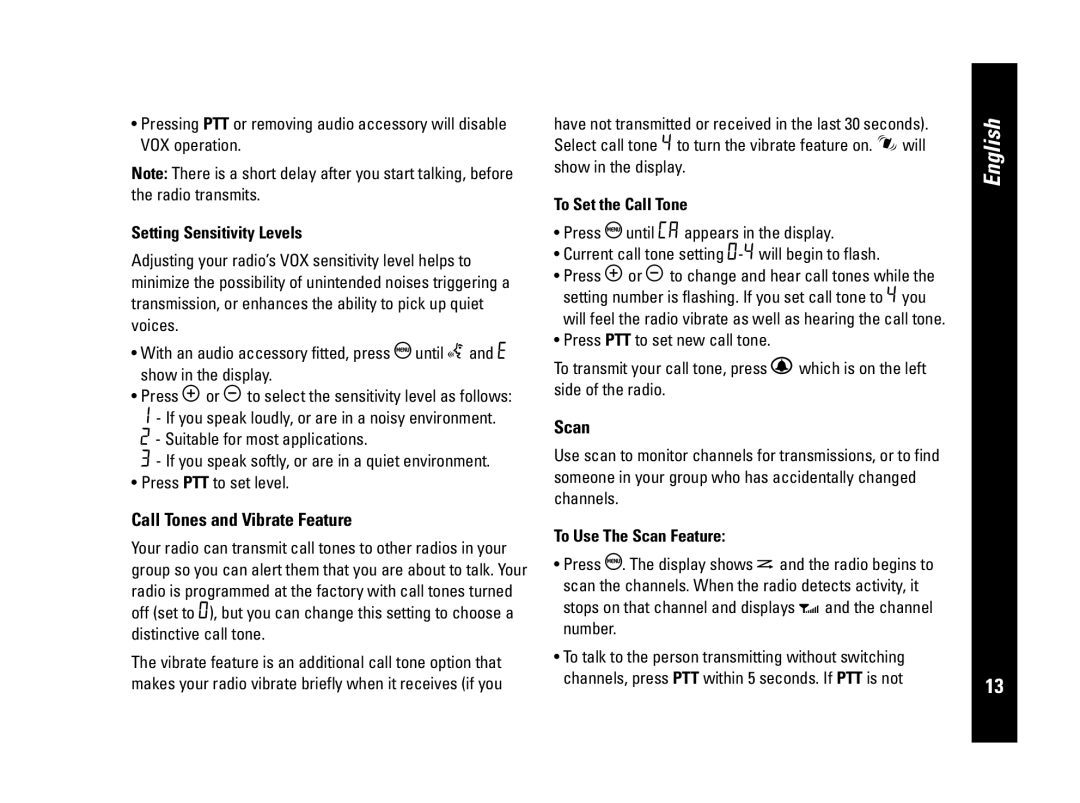 Motorola CLS446, PMR446 Call Tones and Vibrate Feature, Scan, Setting Sensitivity Levels, To Set the Call Tone 