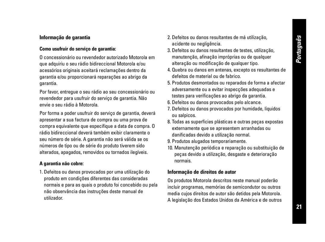 Motorola CLS446, PMR446 Informação de garantia, Informação de direitos de autor, Como usufruir do serviço de garantia 