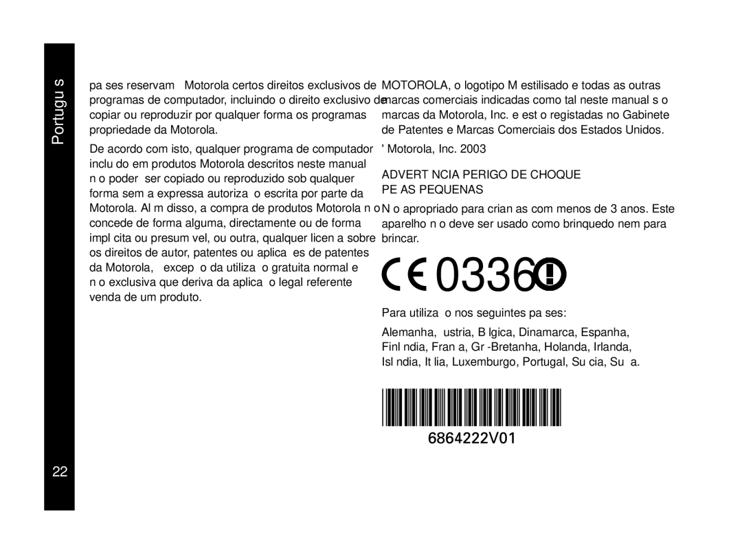 Motorola PMR446, CLS446 specifications Advertência Perigo DE Choque Peças Pequenas, Para utilização nos seguintes países 