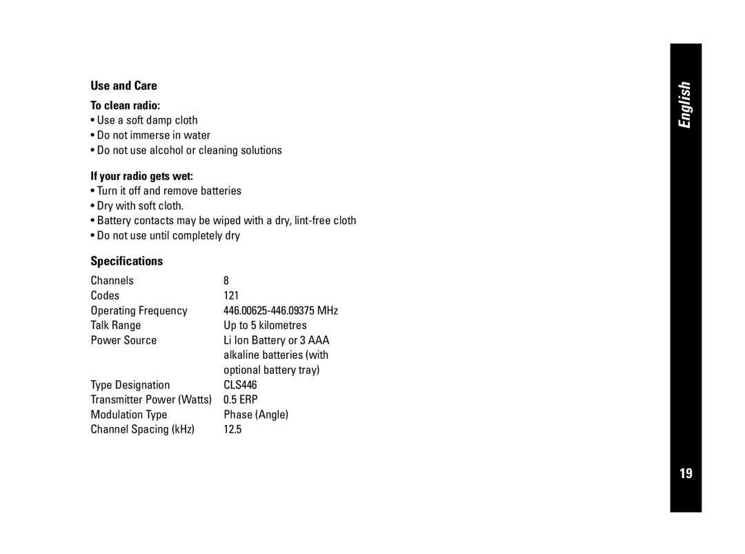 Motorola CLS446, PMR446 specifications Use and Care, Specifications, To clean radio, If your radio gets wet 