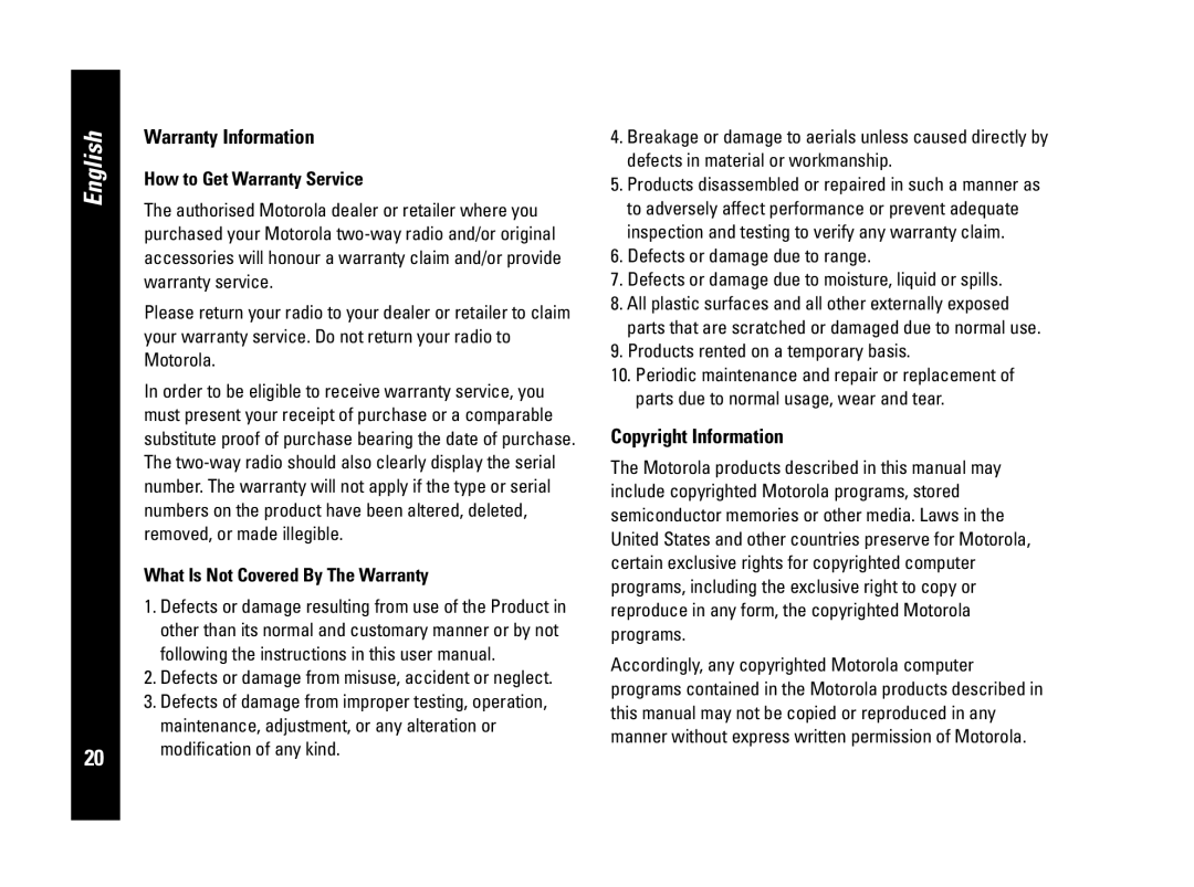 Motorola PMR446, CLS446 specifications Warranty Information, Copyright Information, How to Get Warranty Service 