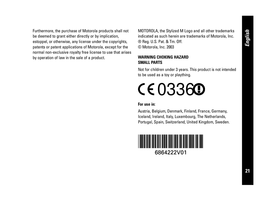 Motorola CLS446, PMR446 specifications Small Parts, For use 