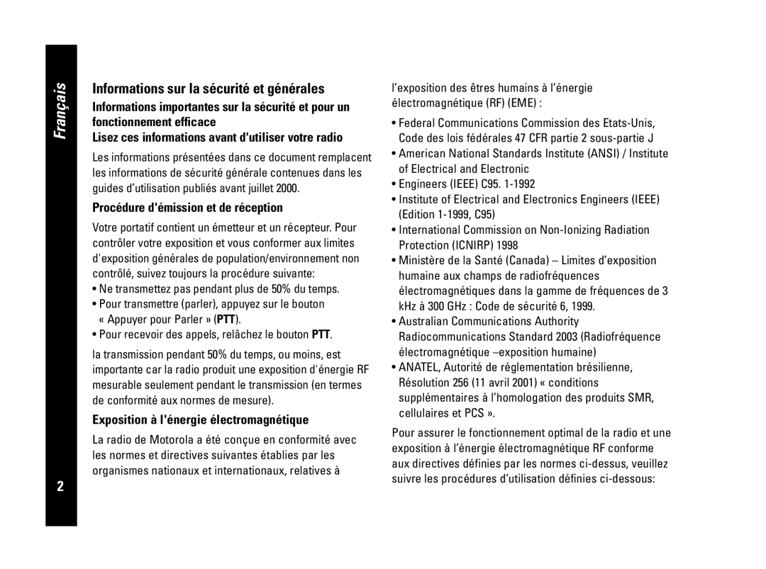 Motorola PMR446, CLS446 specifications Procédure démission et de réception, Exposition à lénergie électromagnétique 