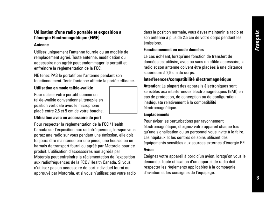 Motorola CLS446, PMR446 Antenne, Utilisation en mode talkie-walkie, Utilisation avec un accessoire de port, Avion 