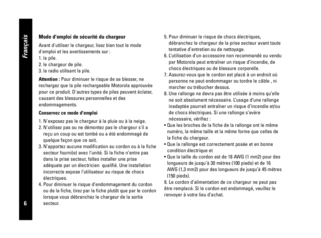 Motorola PMR446, CLS446 specifications Mode demploi de sécurité du chargeur, Conservez ce mode demploi 