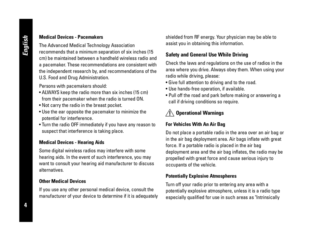 Motorola PMR446, CLS446 specifications Safety and General Use While Driving, Operational Warnings 