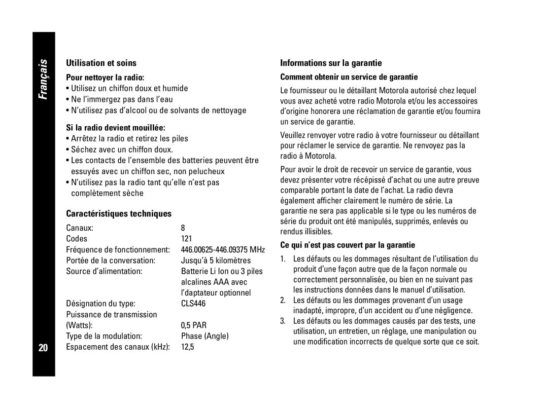 Motorola PMR446, CLS446 specifications Caractéristiques techniques, Informations sur la garantie 