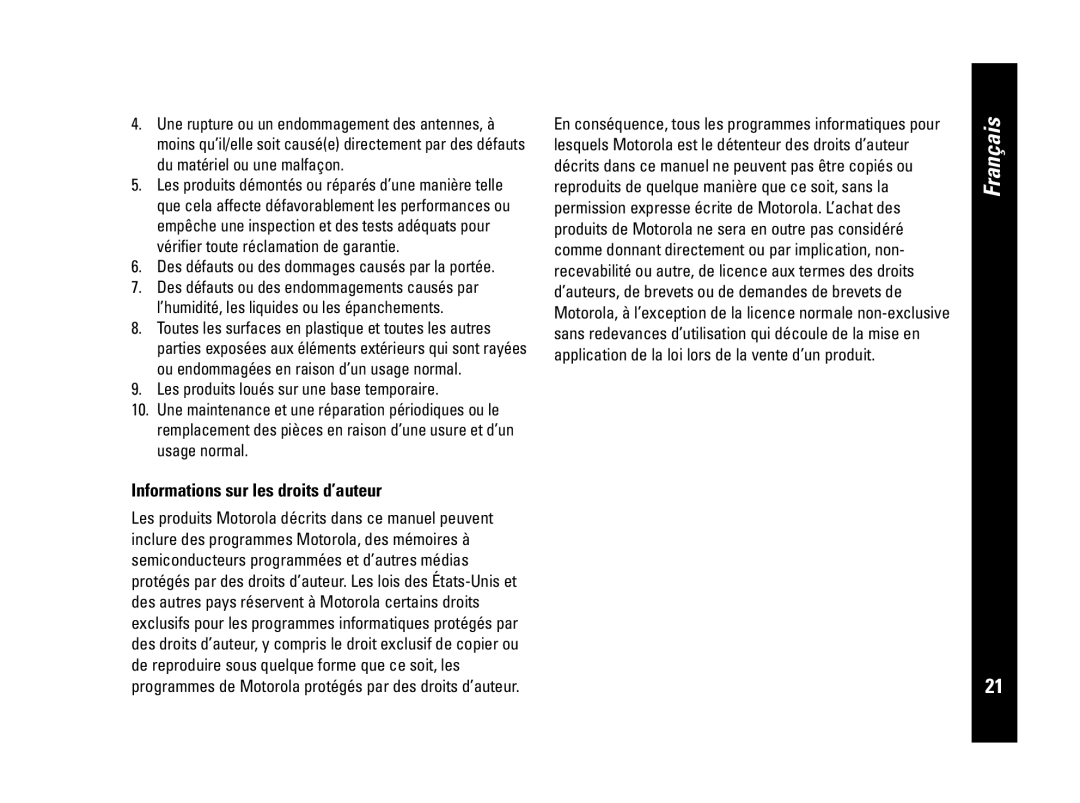 Motorola CLS446, PMR446 Informations sur les droits d’auteur, Des défauts ou des dommages causés par la portée 