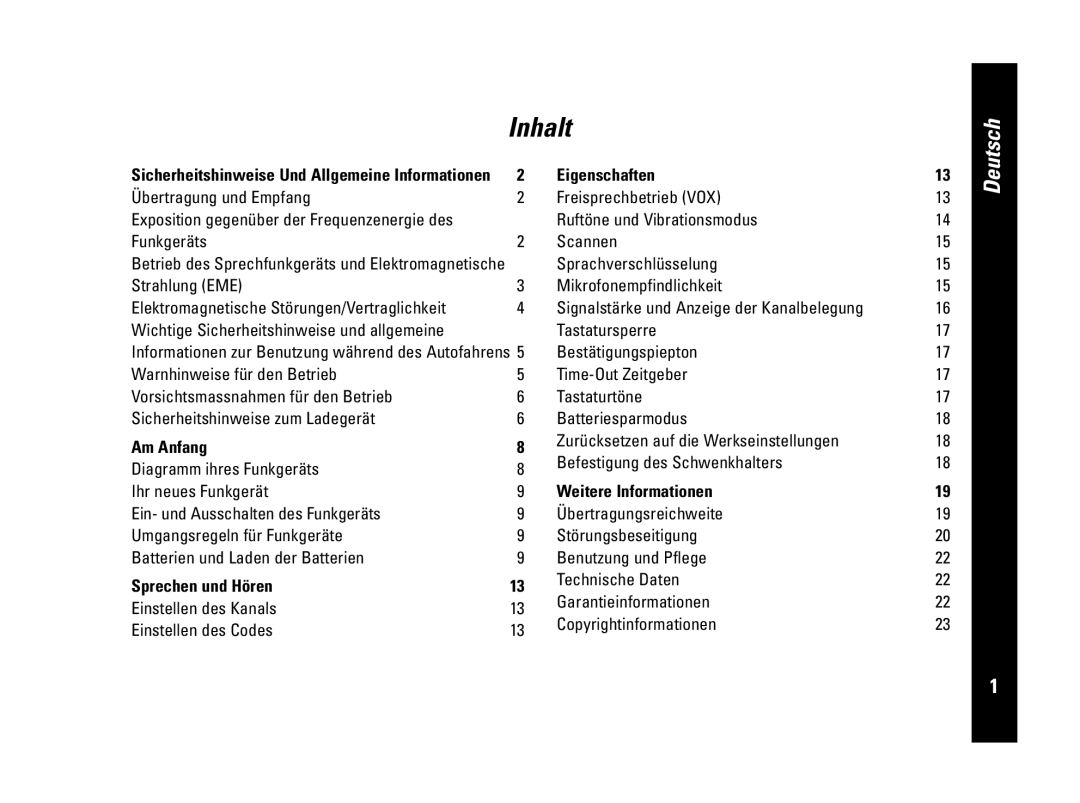 Motorola CLS446, PMR446 specifications Am Anfang, Sprechen und Hören, Eigenschaften, Weitere Informationen 