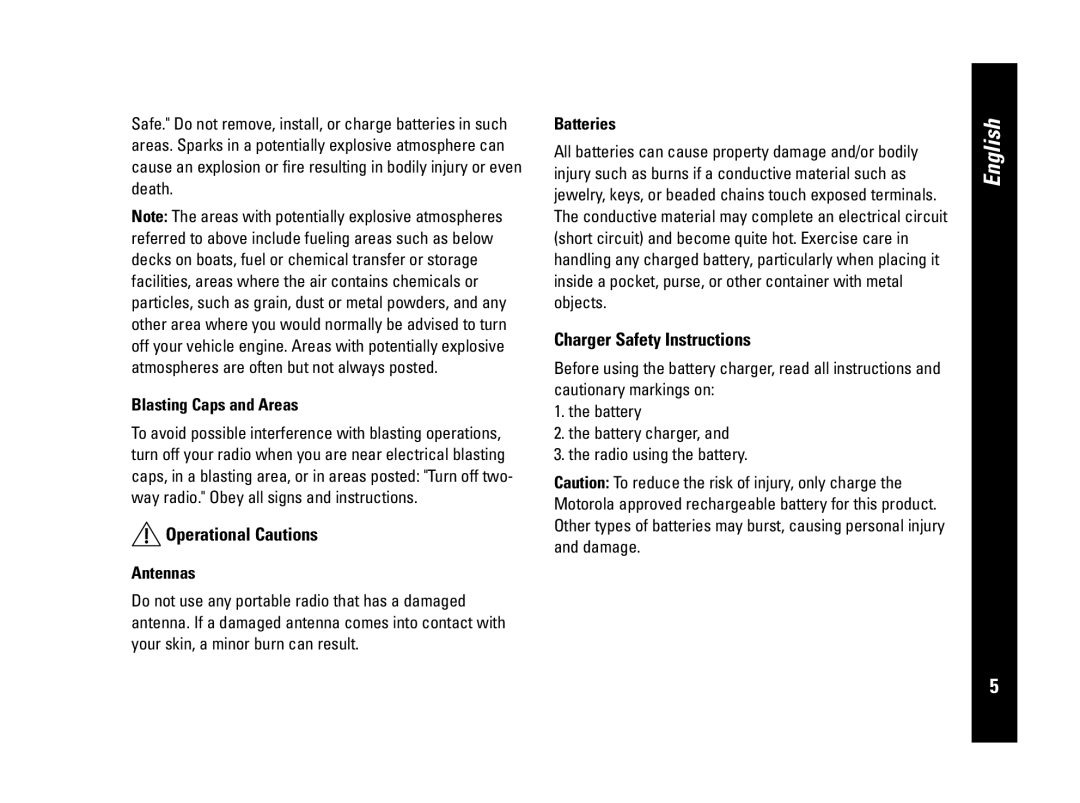 Motorola CLS446, PMR446 Operational Cautions, Charger Safety Instructions, Blasting Caps and Areas, Antennas, Batteries 