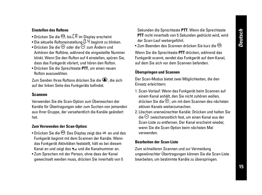 Motorola CLS446, PMR446 specifications Einstellen des Ruftons, Zum Verwenden der Scan-Option, Überspringen und Scannen 