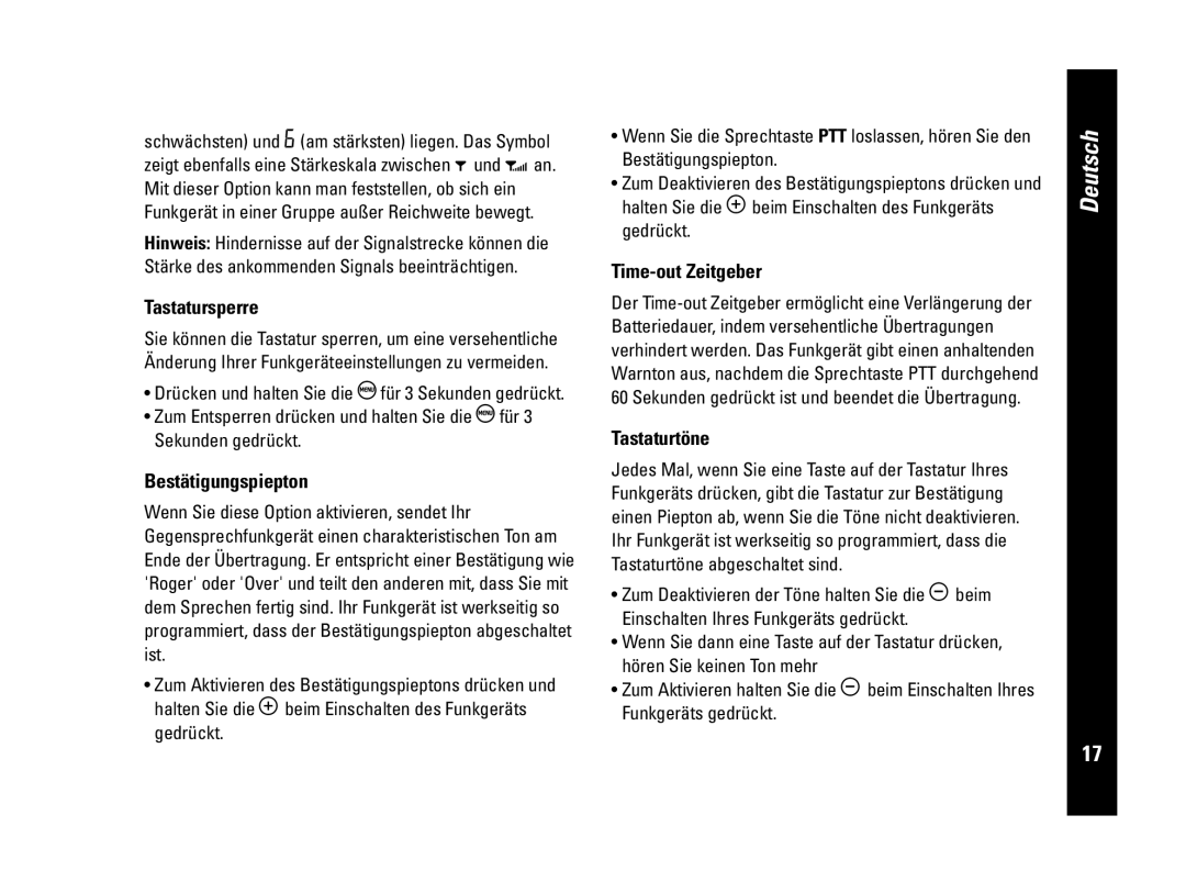 Motorola CLS446, PMR446 specifications Tastatursperre, Bestätigungspiepton, Time-out Zeitgeber, Tastaturtöne, Gedrückt 