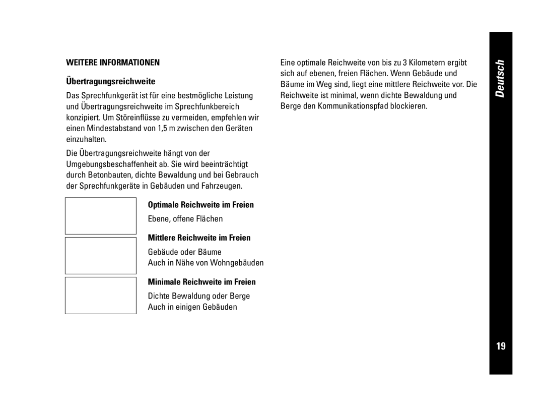 Motorola CLS446, PMR446 specifications Übertragungsreichweite, Optimale Reichweite im Freien, Mittlere Reichweite im Freien 