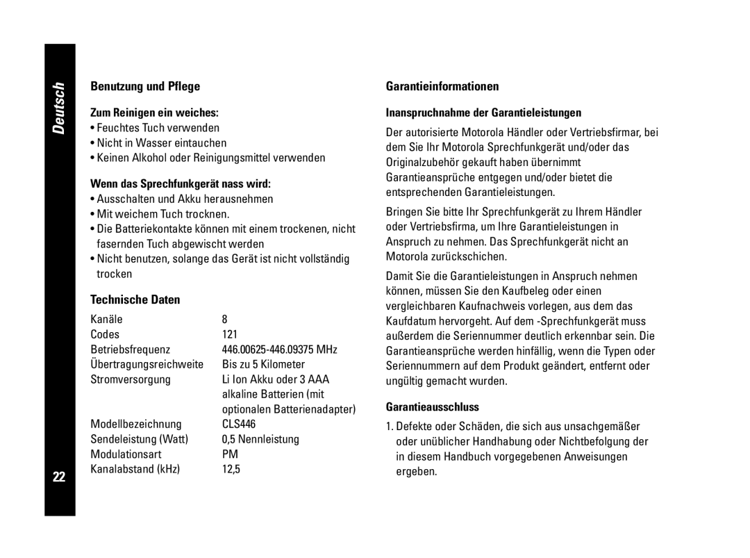 Motorola PMR446, CLS446 specifications Benutzung und Pflege, Technische Daten, Garantieinformationen 