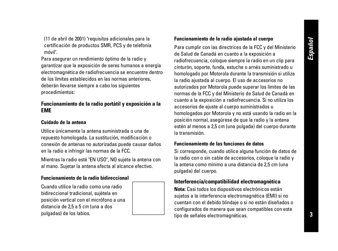 Motorola CLS446 Cuidado de la antena, Funcionamiento de la radio bidireccional, Funcionamiento de las funciones de datos 