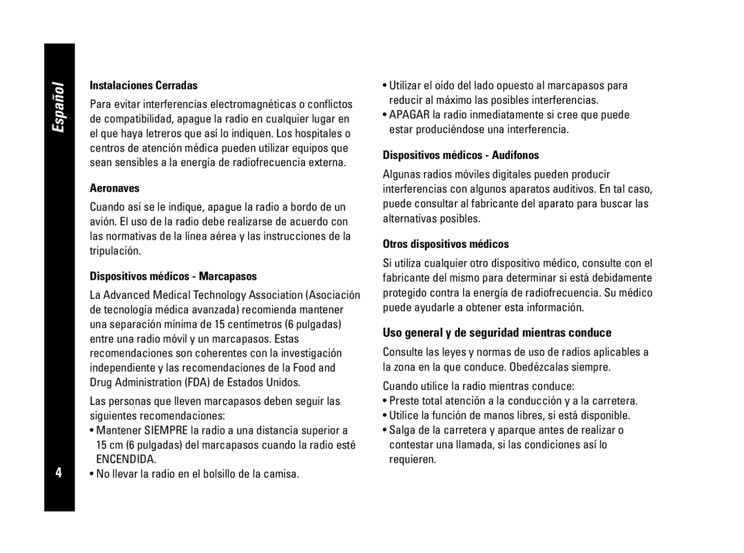 Motorola PMR446, CLS446 specifications Uso general y de seguridad mientras conduce 