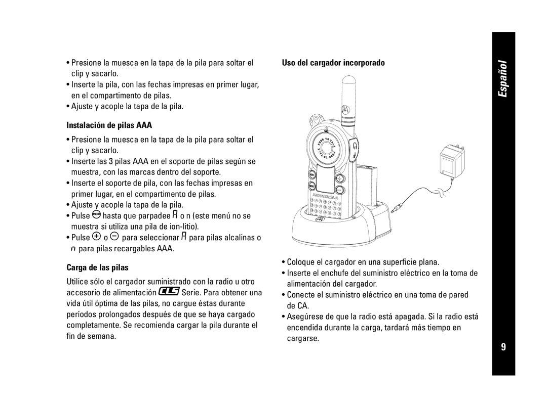 Motorola CLS446, PMR446 specifications Instalación de pilas AAA, Carga de las pilas, Uso del cargador incorporado 