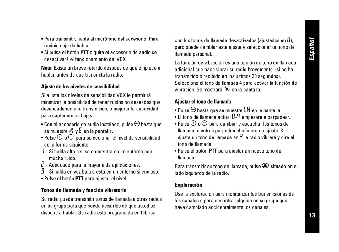 Motorola CLS446, PMR446 Tonos de llamada y función vibratoria, Exploración, Ajuste de los niveles de sensibilidad 